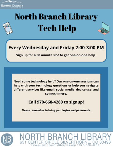 Need a little extra technology help? Sign up for a 30-minute session with your very own librarian to learn about Facebook, setting up an email account, downloading an eBook, and more. Bring your own laptop, tablet, or device, or use one of ours.