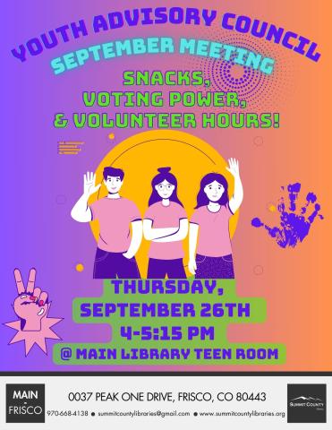 Youth Advisory Council meeting Thursday, September 26 at 4 pm