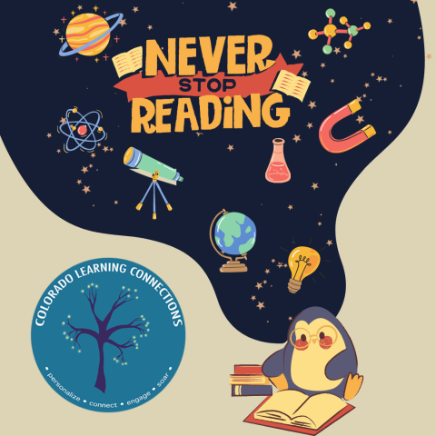 Never Stop Reading, penguin reading with thought bubble showing planets and science objects