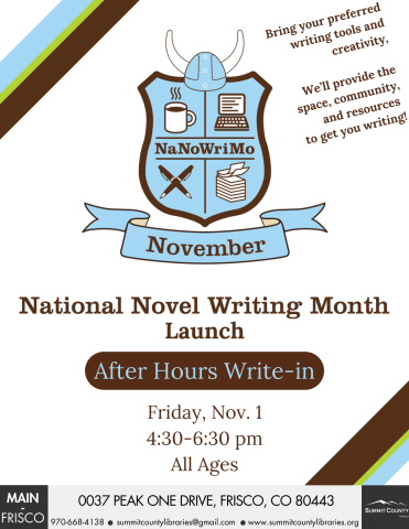 NaNoWriMo open event for writers at Frisco Library on Friday, November 1, from 4:30-6:30 pm