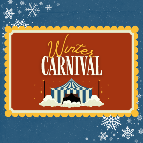 Winter carnival announcement on blue snowflake background with big top carnival tent