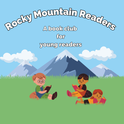 A logo for Rocky Mountain Readers show three children reading books in a field.