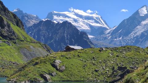 hut and glacier in the alps