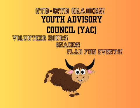 Youth Advisory Council is open to 6th-12th graders wishing to plan library events for their peers.  Volunteer hours will be given and snacks will be provided.