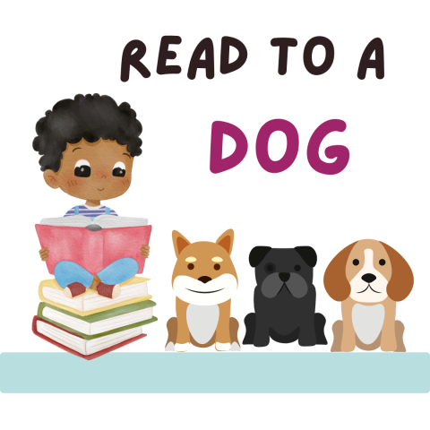 small boy reading books to a group of three dogs with the text Read to a Dog