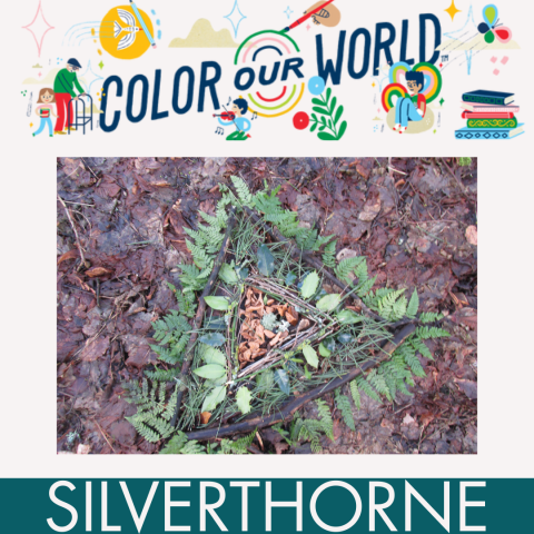 A picture of art made from gathered leaves and sticks  framed by banners reading "Color our World" and "Silverthorne" to designate that this event is happening through the North Branch Library