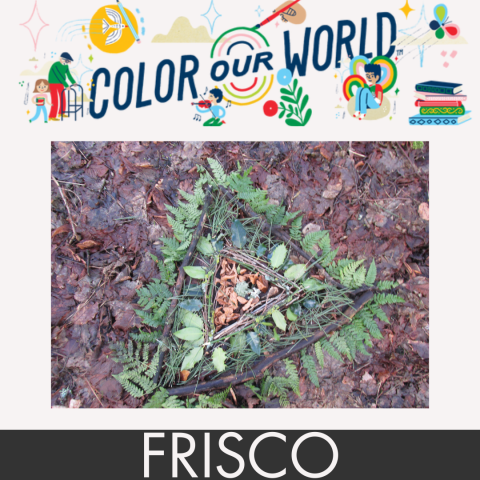 A picture of art made from gathered leaves and sticks  framed by banners reading "Color our World" and "Silverthorne" to designate that this event is happening through the Frisco Library