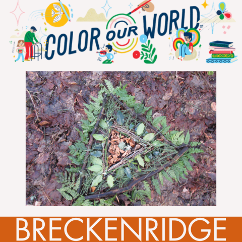 A picture of art made from gathered leaves and sticks  framed by banners reading "Color our World" and "Silverthorne" to designate that this event is happening through the South Branch Library
