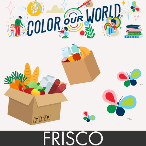 Boxes of groceries and colorful butterflies framed by banners reading "Color our World" and "Silverthorne" to designate that this event is happening through the Main Library