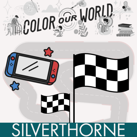 Nintendo Switch controller and race flags with a slightly transparent racetrack in the background.  Framed by a banner reading "Color our World" and "Silverthorne" to designate the North Branch Library as the location for this event