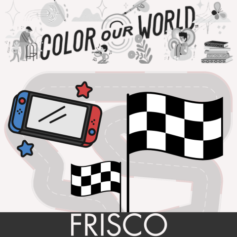 Nintendo Switch controller and race flags with a slightly transparent racetrack in the background.  Framed by a banner reading "Color our World" and "Silverthorne" to designate the Main Library as the location for this event