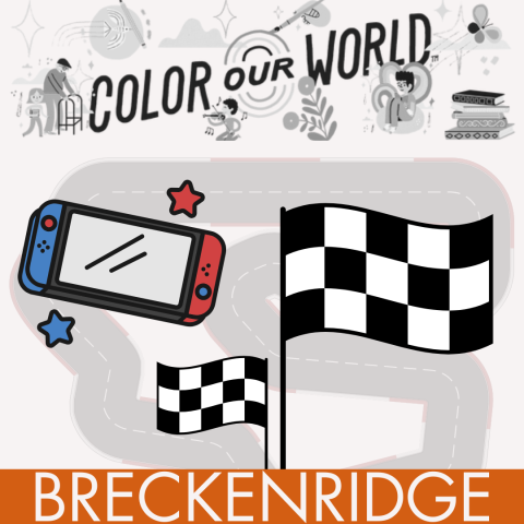 Nintendo Switch controller and race flags with a slightly transparent racetrack in the background.  Framed by a banner reading "Color our World" and "Silverthorne" to designate the South Branch Library as the location for this event