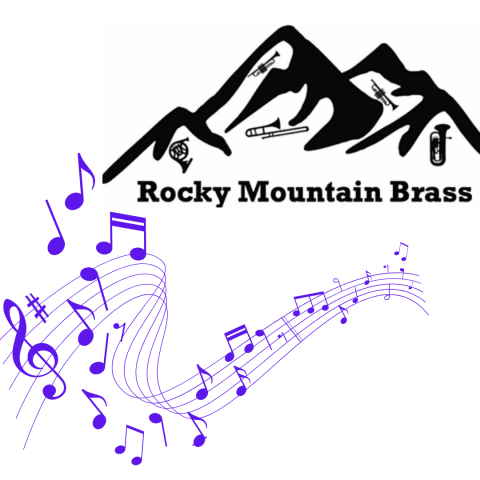 Rocky Mountain Brass logo over a river of music notes