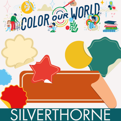 An array of peeling stickers framed by a banner reading "Color our World" and "Silverthorne" to designate the North Branch Library as the location for this event