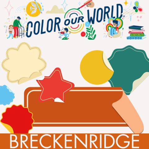 An array of peeling stickers framed by a banner reading "Color our World" and "Silverthorne" to designate the Main Library as the location for this event