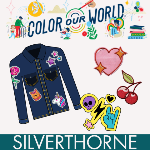 A jacket covered in patches as well as several floating patches, framed by banners reading "Color our World" and "Silverthorne" to designate that this event is happening at the North Branch Library