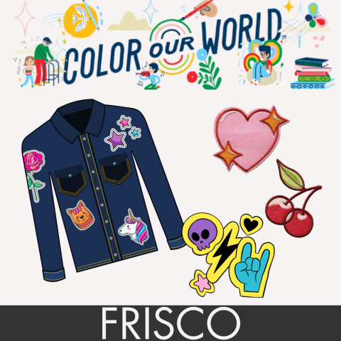 A jacket covered in patches as well as several floating patches, framed by banners reading "Color our World" and "Silverthorne" to designate that this event is happening at the Main Library