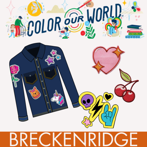 A jacket covered in patches as well as several floating patches, framed by banners reading "Color our World" and "Silverthorne" to designate that this event is happening at the South BranchLibrary