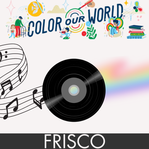 Music notes flowing into a CD and a rainbow of color framed by banners reading "Color our World" and "Silverthorne" to designate that this event is happening at the Main Library