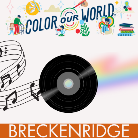 Music notes flowing into a CD and a rainbow of color framed by banners reading "Color our World" and "Silverthorne" to designate that this event is happening at the South Branch