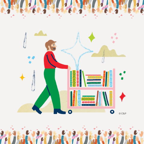 Drawing of a library volunteer with a cart of books, with a border of hands offering to help