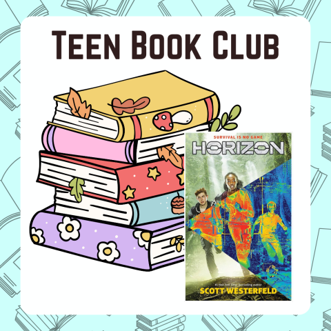 Stack of cartoon books with the cover of HORIZON in front of them and the words "Teen Book Club" at the top of the image.