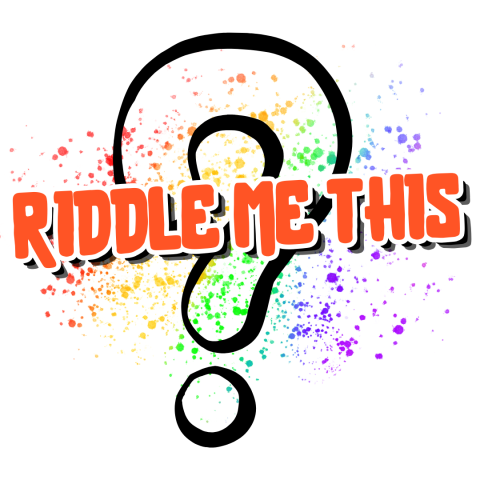 The words Riddle Me This written over a question mark and splash of colors.