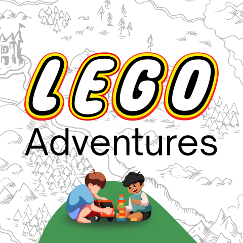 The words Lego Adventure are displayed above two kids playing with toys.