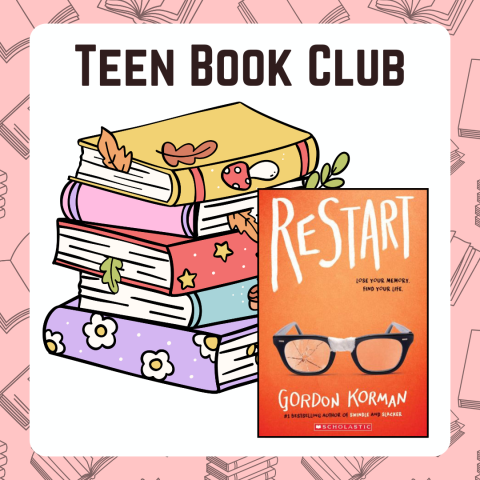 Colorful books with the cover of "Restart" in front of them. The words "Teen Book Club" are listed across the top. There is a pink border with books
