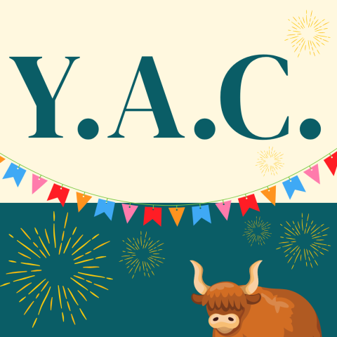 Tan and dark teal background with the letters Y.A.C. (standing for Youth Advisory Council) in front. There is a streamer of colorful pennants and a yack in the corner, as well as yellow fireworks spread throughout the image. 