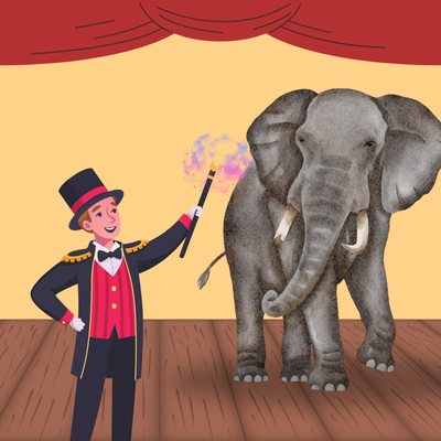 A cartoon picture of a magician waving their wand at an elephant.