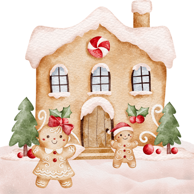A watercolor image of two gingerbread people in front of a gingerbread house.