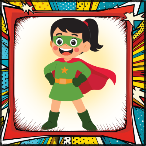 A hero stands in a colorful, cartoon-style border.