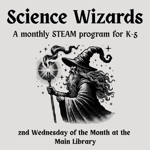 Science Wizards Stem Program for k-5th with wizard image