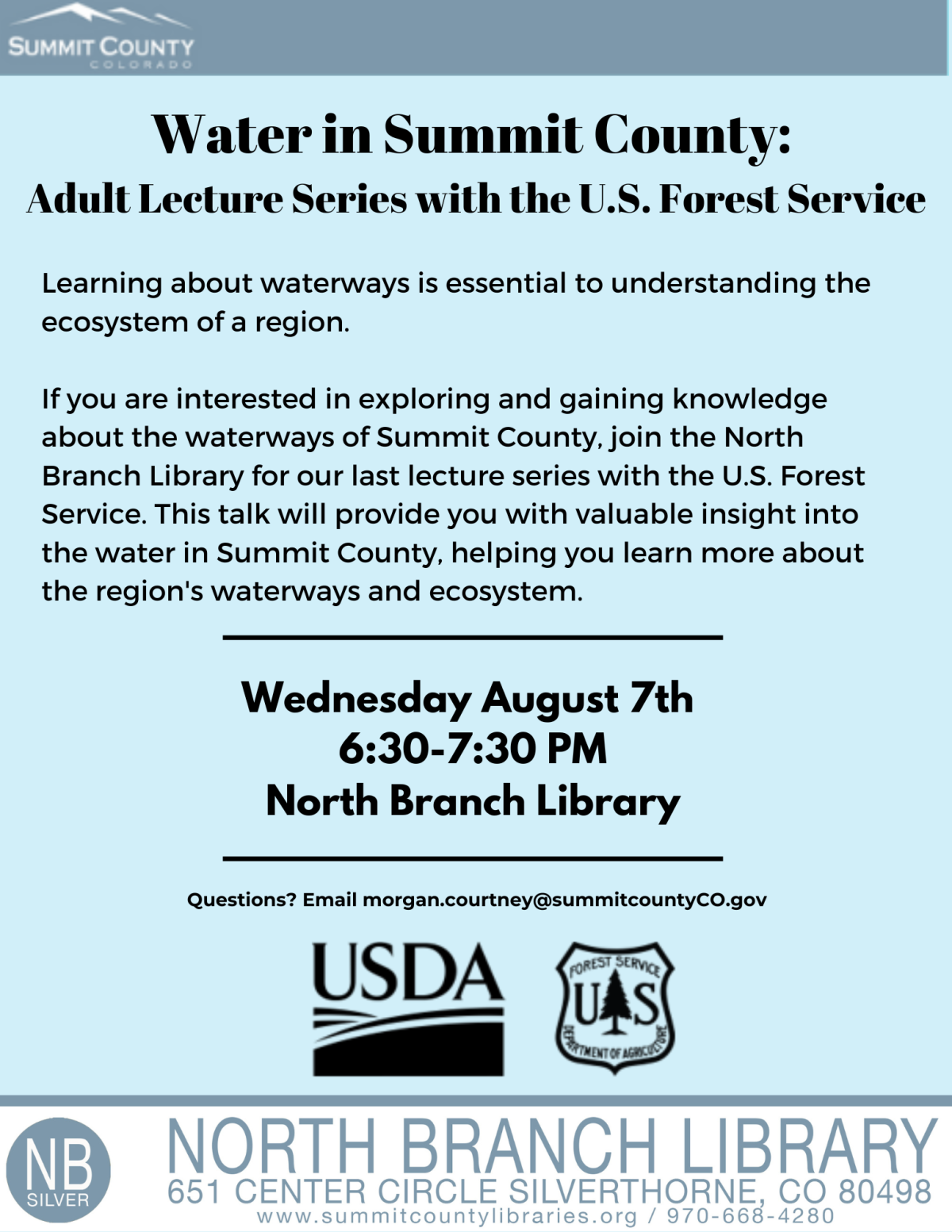 Learning about waterways is essential to understanding the ecosystem of a region.   If you are interested in exploring and gaining knowledge about the waterways of Summit County, join the North Branch Library for our last lecture series with the U.S. Forest Service. This talk will provide you with valuable insight into the water in Summit County, helping you learn more about the region's waterways and ecosystem.