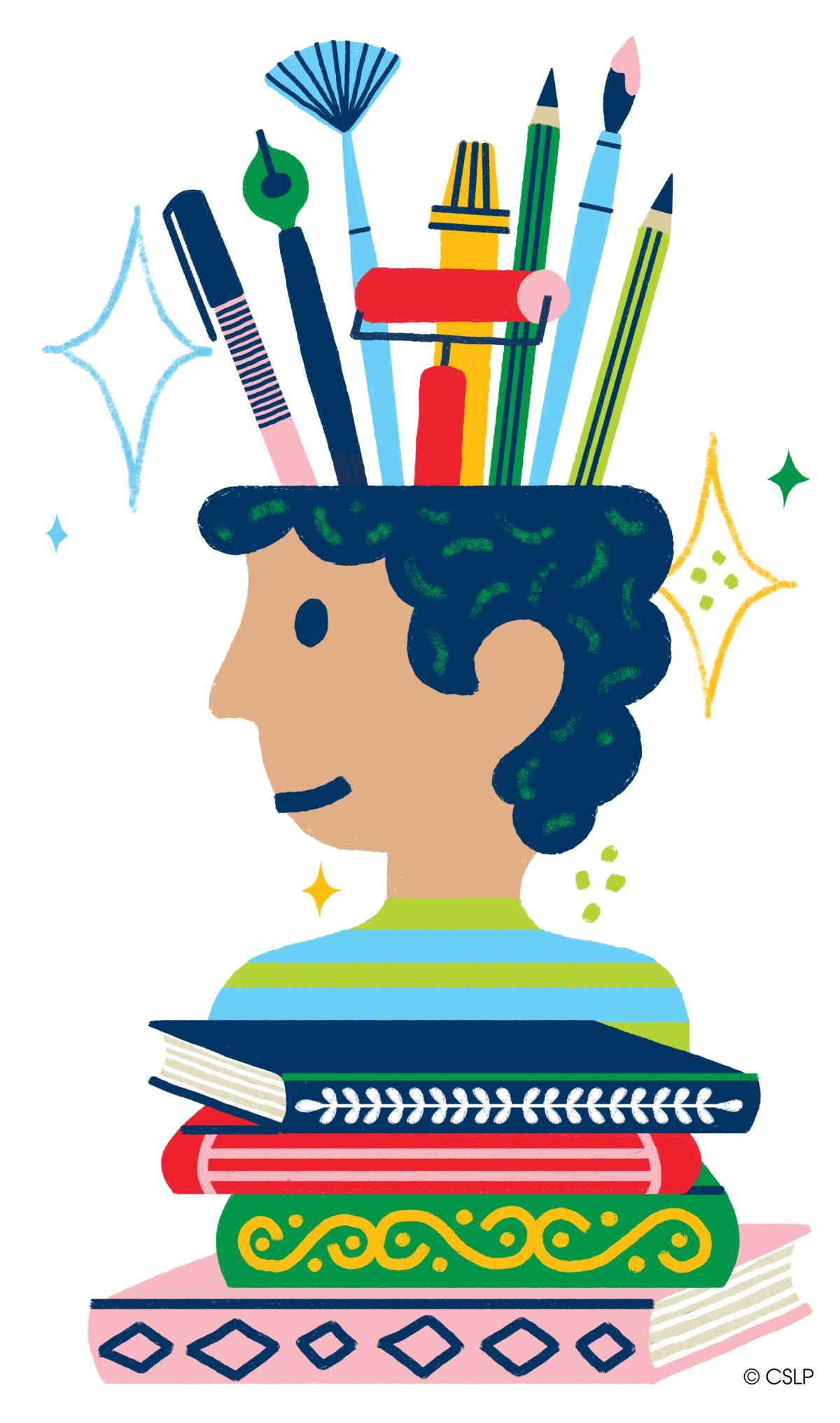 Graphic of boy with books and art supplies