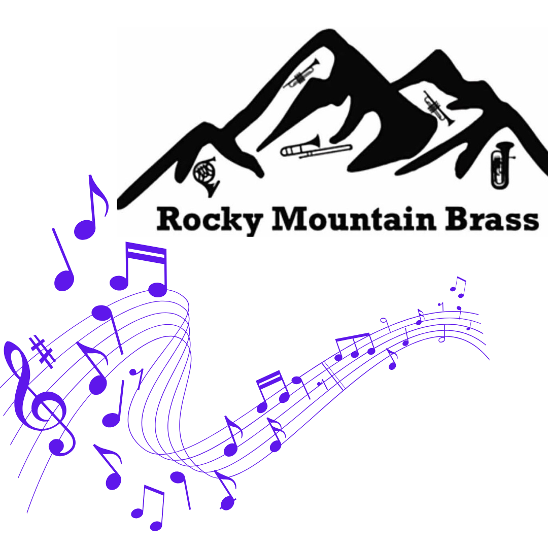 Rocky Mountain Brass logo over a river of music notes