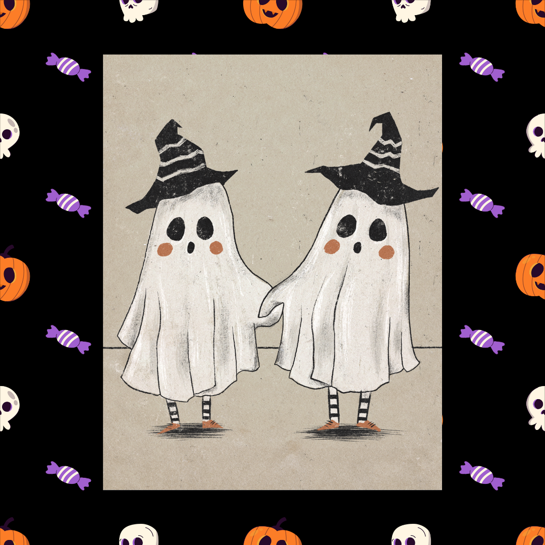 Two Ghosts hang in front of a halloween background